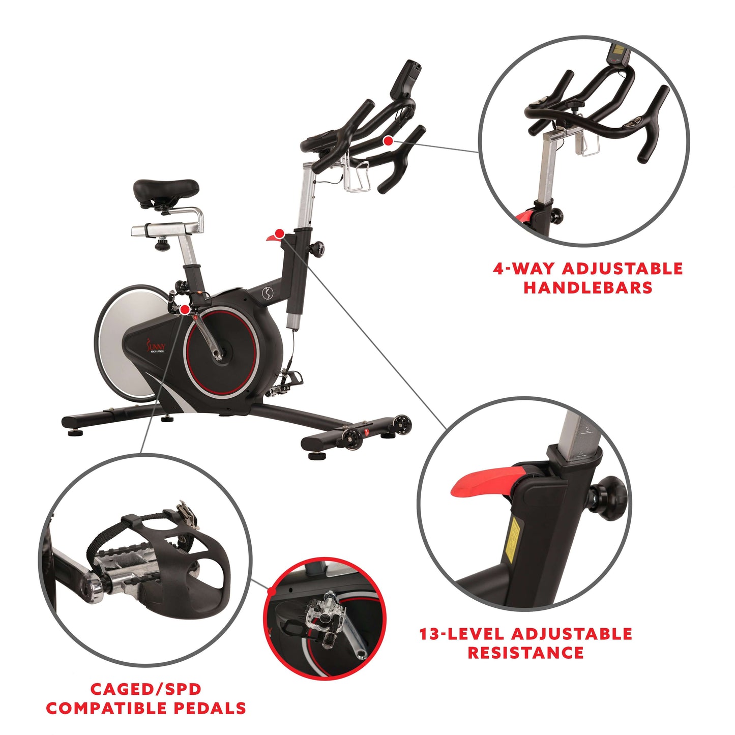 Premium recumbent bike with 4-way adjustable handlebars, 13-level resistance, and caged/SPD compatible pedals by Sunny Health & Fitness.