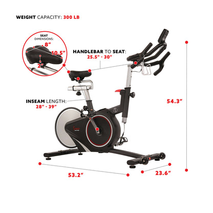 Sunny Health & Fitness Premium Magnetic Resistance Recumbent Bike dimensions and specifications including weight capacity and seat adjustments.