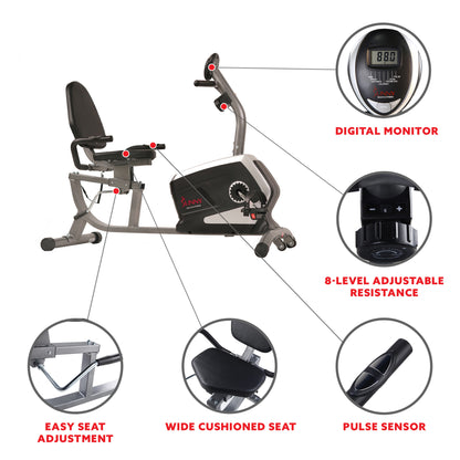 Sunny Health & Fitness Easy Adjustable Seat Recumbent Bike - SF-RB4616S