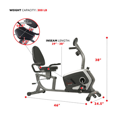 Sunny Health & Fitness Easy Adjustable Seat Recumbent Bike - SF-RB4616S