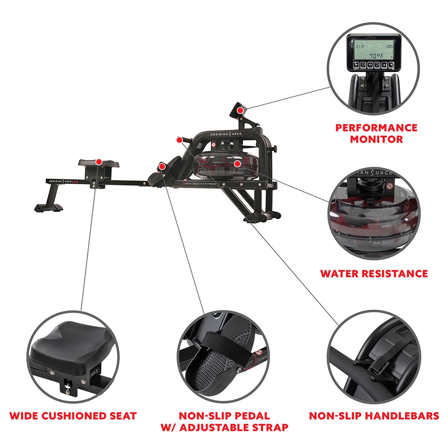 Sunny Health & Fitness Obsidian Surge 500 m Water Rowing Machine