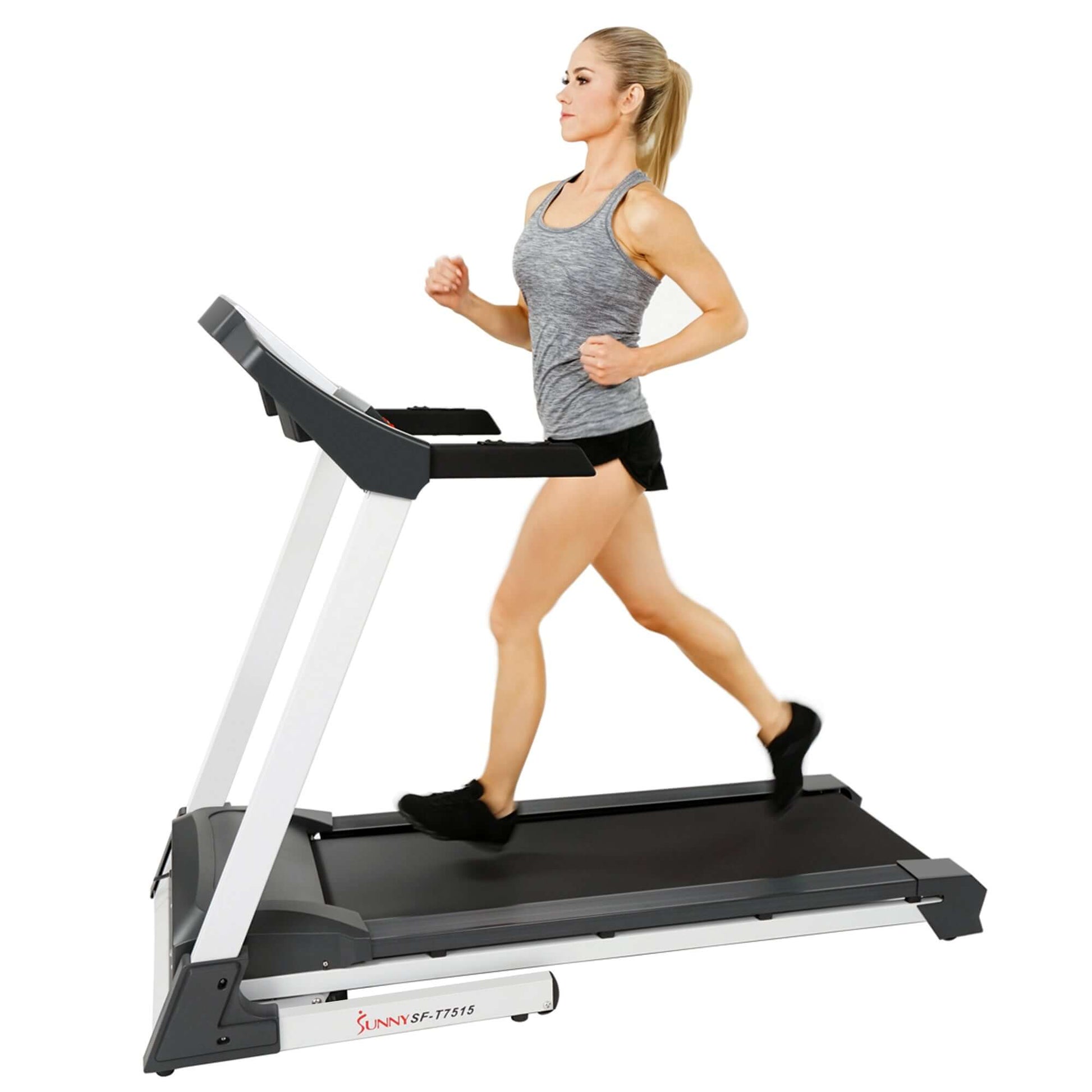 Woman running on Sunny Health & Fitness SF-T7515 Smart Treadmill with Auto Incline, Bluetooth and MP3 technology