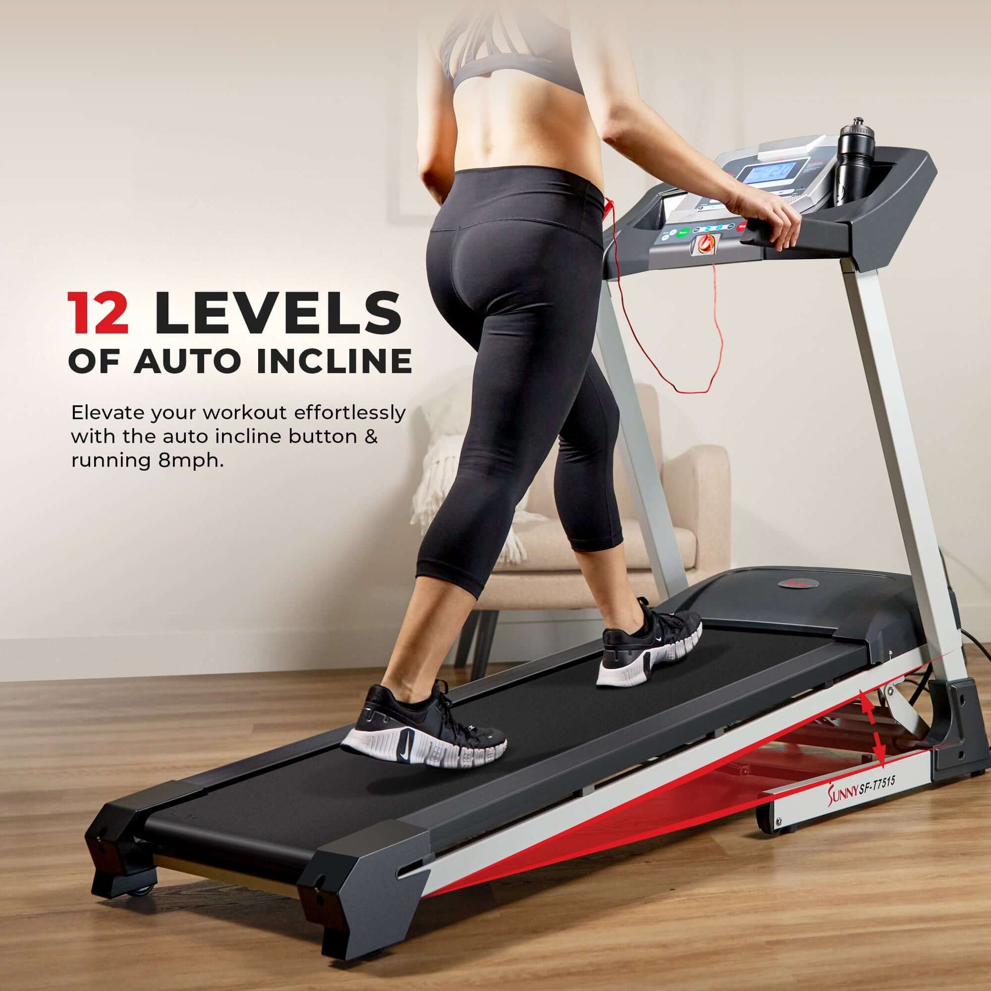 Person exercising on Sunny Health & Fitness SF-T7515 Smart Treadmill with Auto Incline, displaying 12 levels of incline and Bluetooth connectivity.