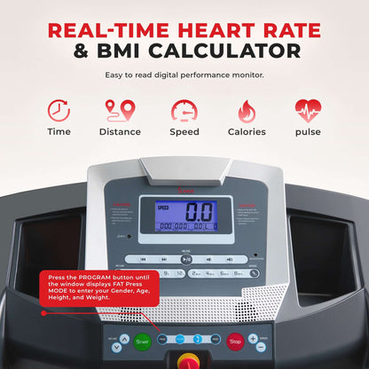 Real-time heart rate and BMI calculator display on Sunny Health & Fitness SF-T7515 Smart Treadmill LCD monitor showing performance metrics.