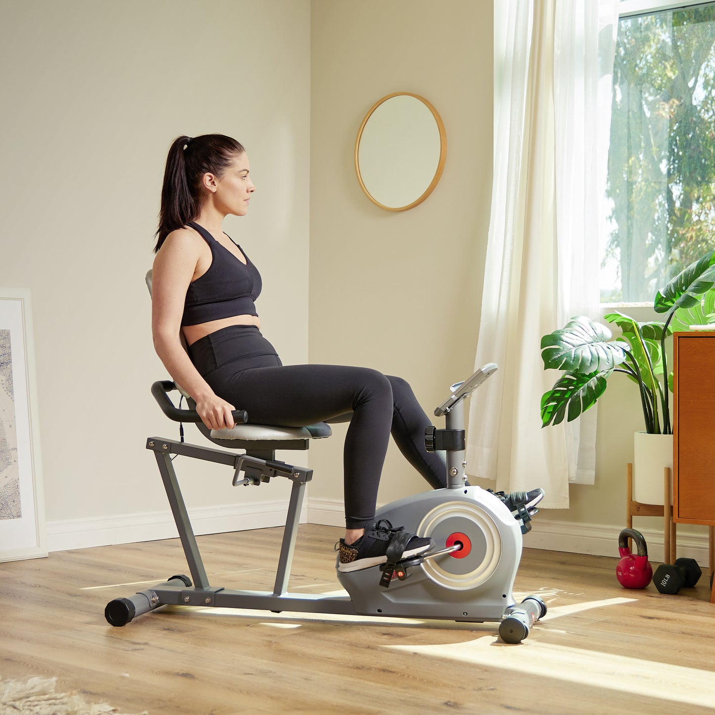 Sunny Health & Fitness Essentials Series Magnetic Smart Recumbent Bike with Exclusive SunnyFit® App Enhanced Bluetooth Connectivity