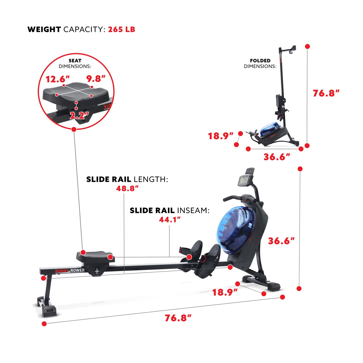 Sunny Health & Fitness Hydro + Dual Resistance Smart Magnetic Water Rowing Machine in Blue - SF-RW522017BLU