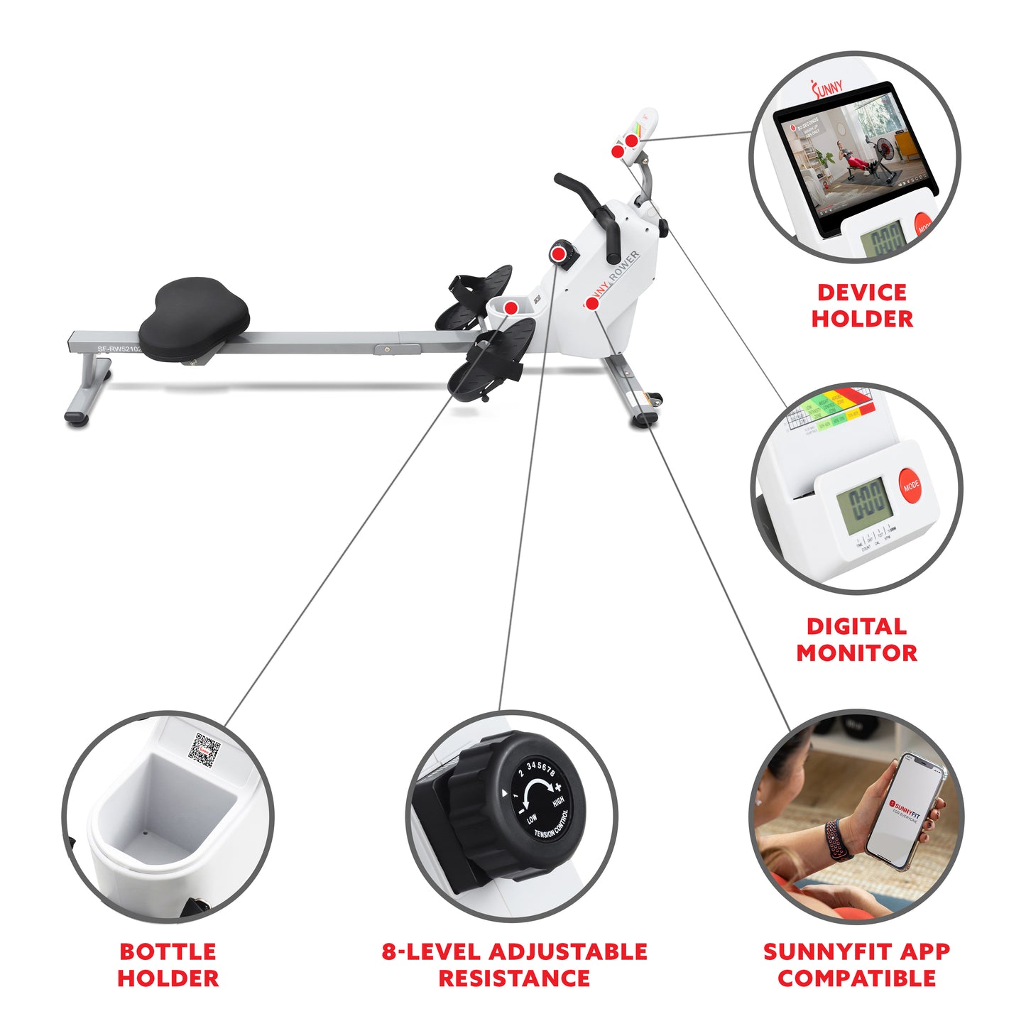 Sunny Health & Fitness SMART Compact Foldable Magnetic Rowing Machine with Bluetooth Connectivity - SF-RW521020