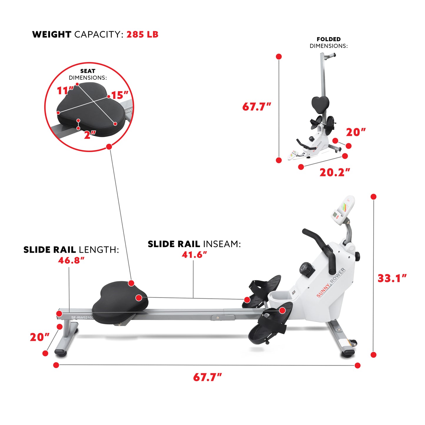 Sunny Health & Fitness SMART Compact Foldable Magnetic Rowing Machine with Bluetooth Connectivity - SF-RW521020